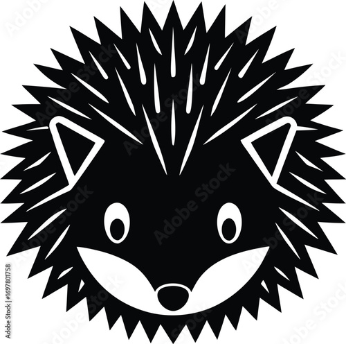 Vector art of cute black hedgehog face with sharp quills and big eyes, , perfect for childrens books or playful designs