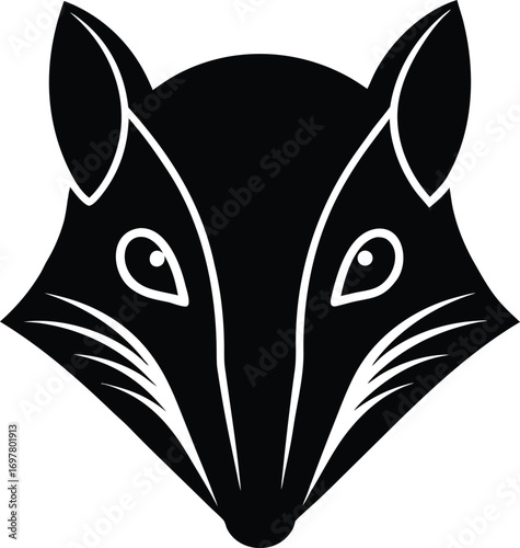 Vector art of stylized black and white illustration of a fox head, featuring sharp lines and a minimalist design, isolated on a