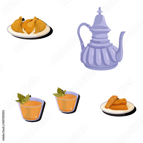 Traditional food vector art featuring hot tea, crispy snacks, and a decorative kettle on a white background