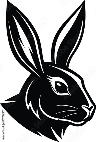 Vector art of dynamic black and white side profile illustration of a rabbits head, isolated on a, showcasing sharp lines and a modern, stylized aesthetic for design