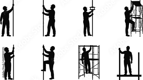 Silhouettes of Construction Workers Installing Vertical Scaffold Poles and Frames with Tools for Building, Safety, Engineering, and Industrial Projects