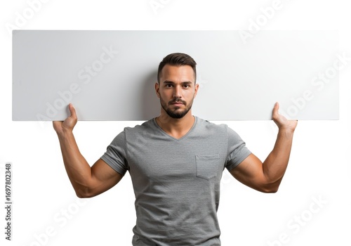 Young adult showcasing blank placard against a clean white backdrop in studio setting