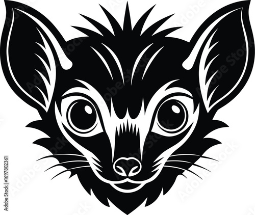 Vector art of black and white graphic illustration of a bats face with large ears, wide curious eyes, and spiky fur, presented in a stylized, almost cartoonish manner