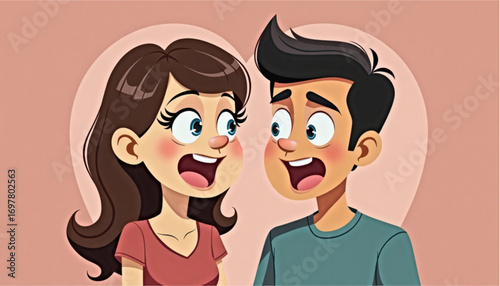 Two animated characters, excited mood, happily talking with each other, on a simple background