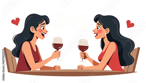 Two women, cheerful mood, sharing dating tips over glasses of wine, with hearts in the background