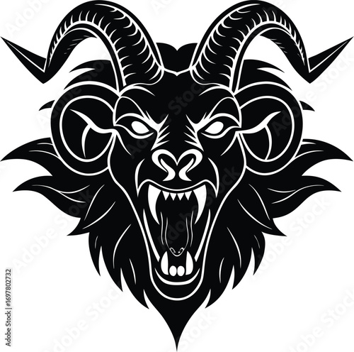 Vector art of intense black and white graphic of a demonic rams head with sharp horns, glowing eyes, and bared teeth, symbolizing power, aggression, and the occult, isolated on a