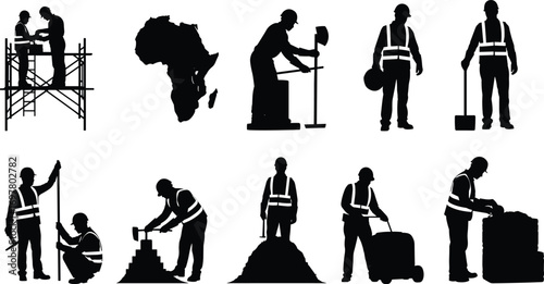 Silhouettes of construction workers in various tasks with tools and safety gear, African labor concept, building, measuring, working vector.