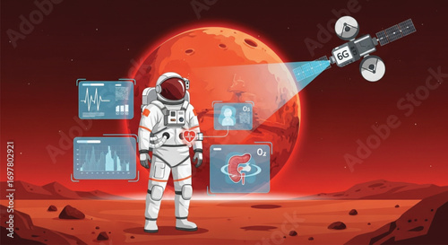 A digitally illustrated scene depicting an astronaut on Mars, connected to a 6G satellite network. EPS Vector