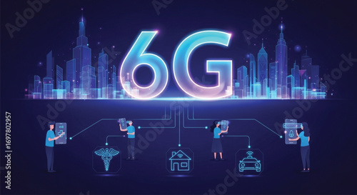 Futuristic 6G Network Connectivity Transforming Modern Cities. EPS Vector