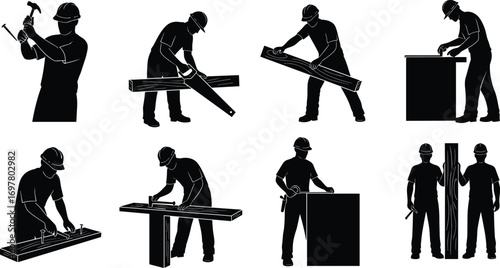 Silhouettes of construction workers using tools, hammering, sawing, measuring, building wood structures, carpentry job vector on white background.
