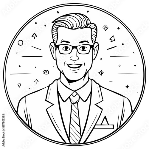 Smiling man with glasses in a suit, vector illustration in a circle, business professional concept