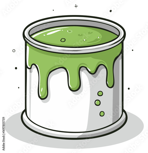 Green paint spilling from a white can with drips and bubbles artistic illustration