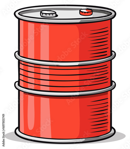 Red Metal Barrel Container: Industrial Storage Drum for Oil, Chemicals or Waste Cartoon