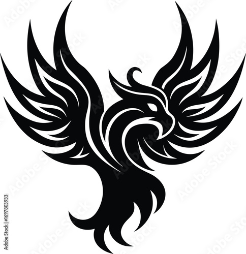 Vector art of a dynamic black silhouette of a phoenix in flight, with fiery wings spread wide, representing rebirth, resilience, and eternal life, ideal for modern branding