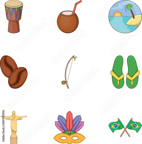 Brazil tourists attractions icons set