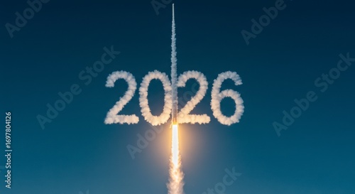 Rocket explosion in mid-air with flames and smoke spelling (year) 2026 during launch sequence