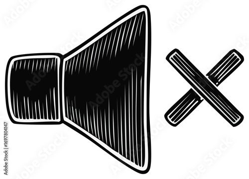 Hand drawn mute speaker icon with cross mark in black and white sketch style