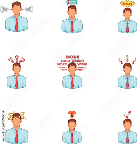 Businessman stress pressure icons set