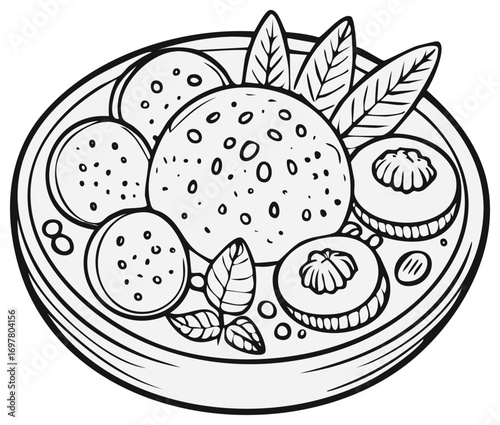 Black and white line art illustration of a healthy food bowl with rice and vegetables