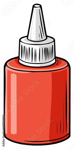 Red plastic glue bottle with white nozzle tip cartoon vector illustration for school crafts