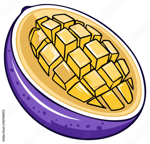 Halved Mango Fresh Fruit Tropical Food Dessert Sweet Yellow Fruit Cut Pieces Exotic Fruit Healthy Lifestyle Illustration