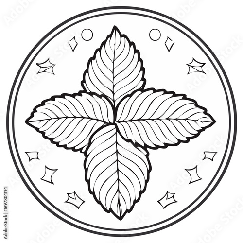 Line Art Emblem of Mint Leaves with Decorative Stars and Circles in a Circle