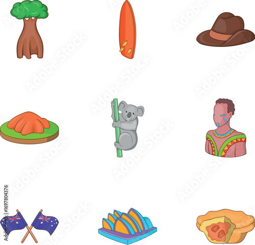 Australia tourists attractions icons set