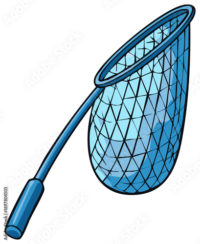 Blue Cartoon Fishing Net with Handle, Catching Equipment, Sporting Goods Illustration