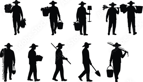 Silhouettes of Farmers Carrying Harvest and Tools, Agriculture Workers in Field with Buckets, Shovels, Crops, and Farming Equipment