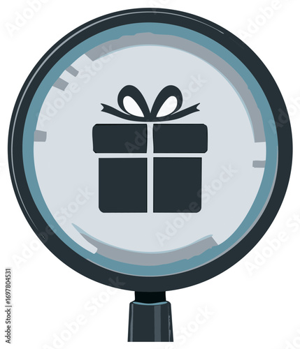 Magnifying glass icon with gift box present symbol in the middle