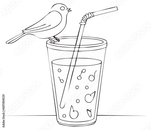 Bird with beverage and straw, cartoon style illustration