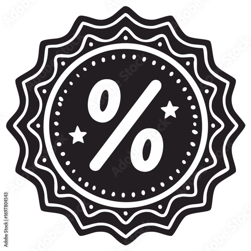 Black and white sale emblem with percentage symbol, star accents and circular design.