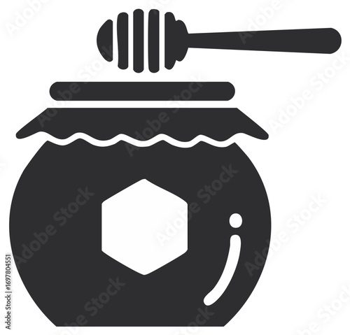 Honey jar with dipper, simple vector icon illustration, food, sweet ingredient, natural sweetener