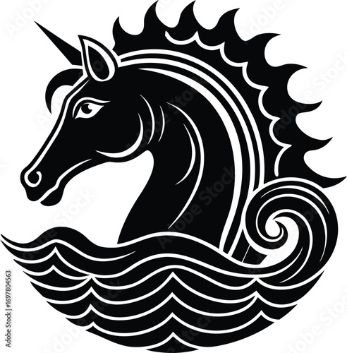 Vector art of a stylized black and white illustration of a unicorns head emerging from wavy water, featuring a flowing mane and a single horn, suitable for fantasy or mythical themes