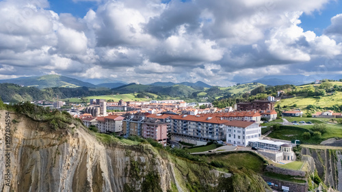 Scenic elevated view of Zumaia and coastal cliffs in Basque Country