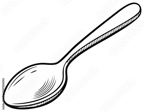 A single spoon illustrated in a black and white hand drawn vintage sketch style