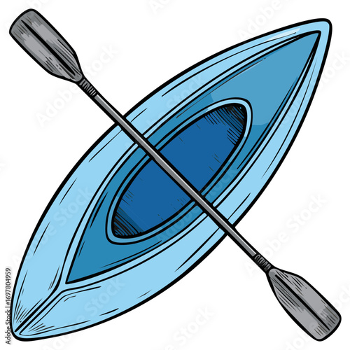 Illustration of blue kayak and paddle, recreation and water sport.