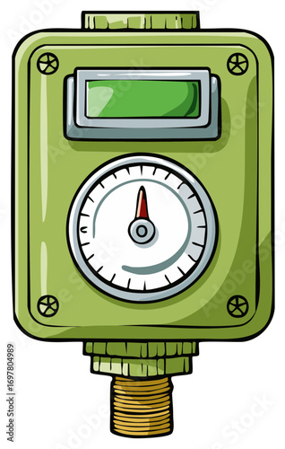 Cartoon green irrigation controller with dial and screen for garden water management