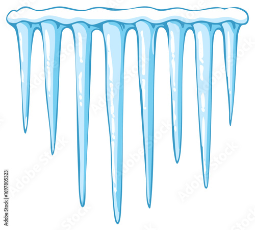 Row of hanging blue icicles with snow on top, isolated on white