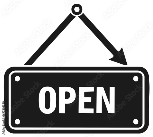 Black hanging "Open" sign with white text and an arrow pointing down