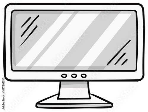 Cartoon LCD monitor with stand. Illustration of computer screen, white, black line doodle.