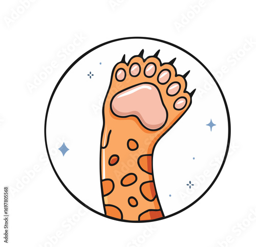 Cartoon paw with spots, vector illustration of animal limb in circle, predator feet with claws and pads.