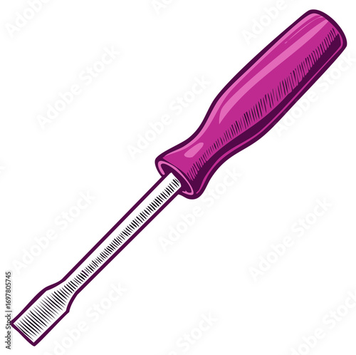 Pink handle flathead screwdriver illustration in a retro engraved style