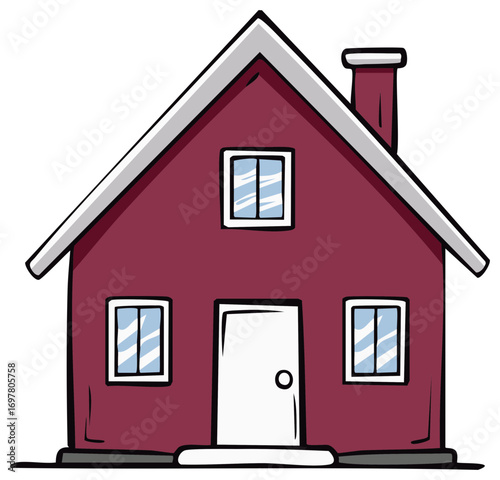 Hand-drawn cartoon illustration of a simple red residential house with a chimney