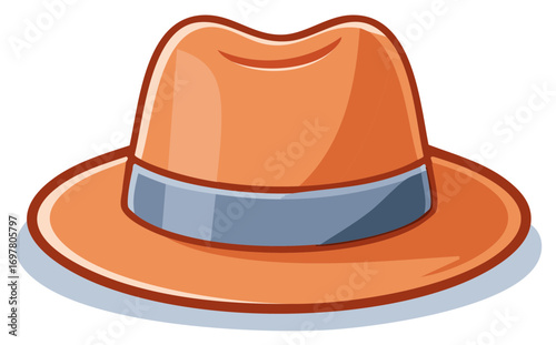 Stylish orange hat with a gray band, cartoon illustration of a classic fedora for fashion, dress-up or a costume party