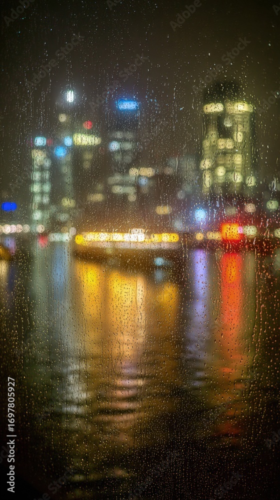 Obraz premium Rainy Night Cityscape Through Window