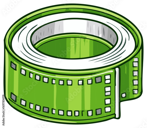 Green film reel with perforations and white film strip on a spool