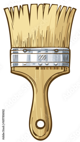 Hand-drawn illustration of a natural bristle paint brush with a wooden handle and metal ferrule