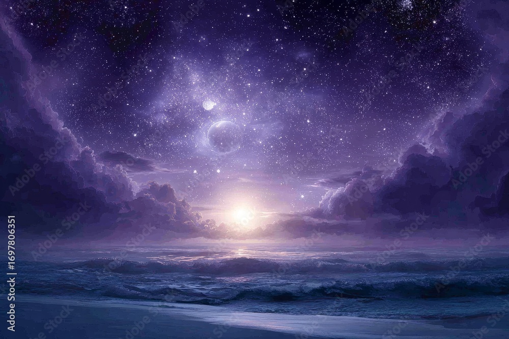 Fototapeta premium A breathtaking celestial panorama of a purple night sky above a tranquil beach, featuring a sunrise and dramatic clouds.