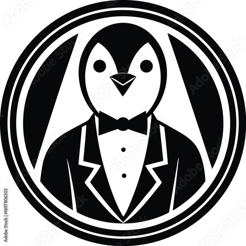 Vector art of a dapper penguin wearing a tuxedo and bow tie, depicted in a black and white circular graphic design, representing formality and elegance